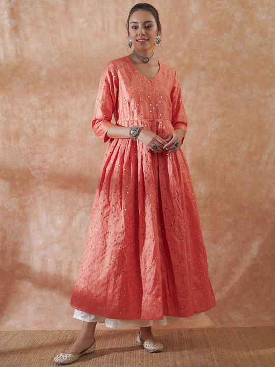 Peach Mirror Work Long Anarkali Kurta