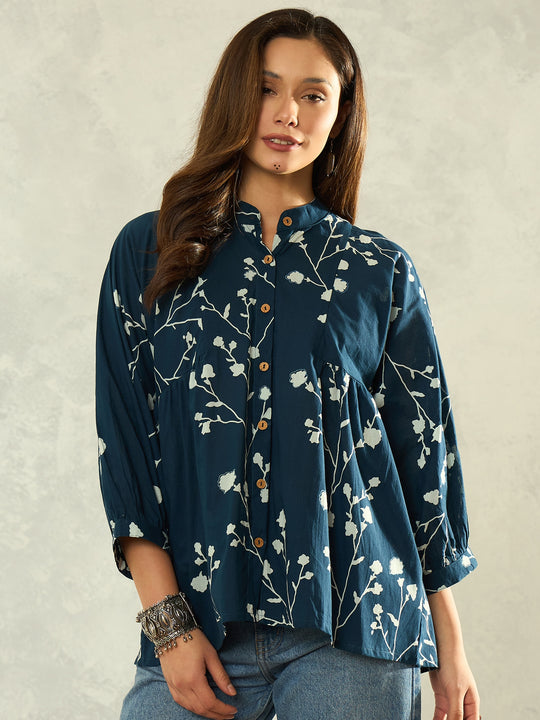 Dark Navy White Floral Band Neck Shirt