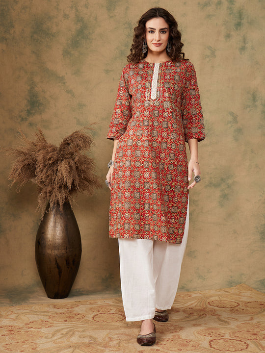 Maroon Ethnic Print Lace Gota Work Straight Kurta