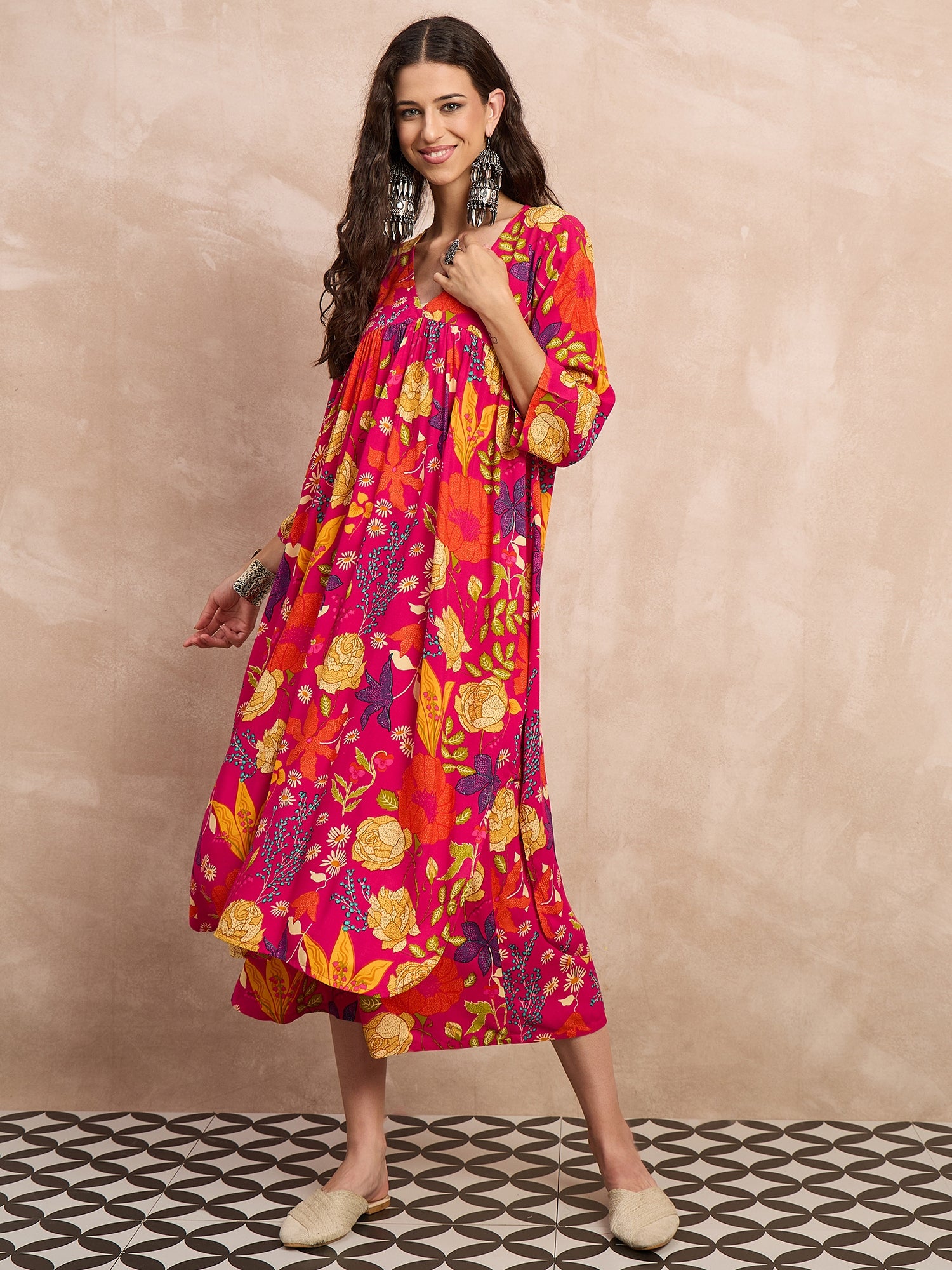 Rani Pink Rose Print Flared Kurta Set