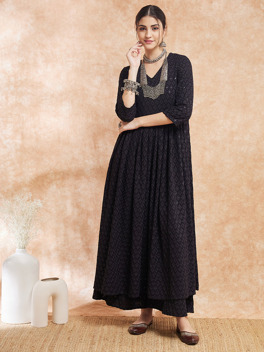 Black Chikankari Long Anarkali Kurta Sharara Set
