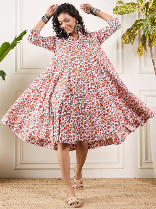 Orange Floral Sage Jaal Collar Flared  Dress