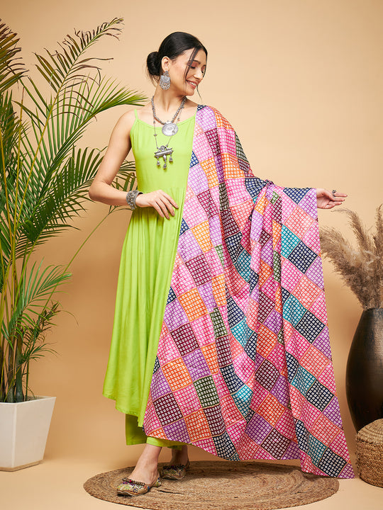 Lime Green Strappy Set W Square Bandhani Print Silk Dupatta