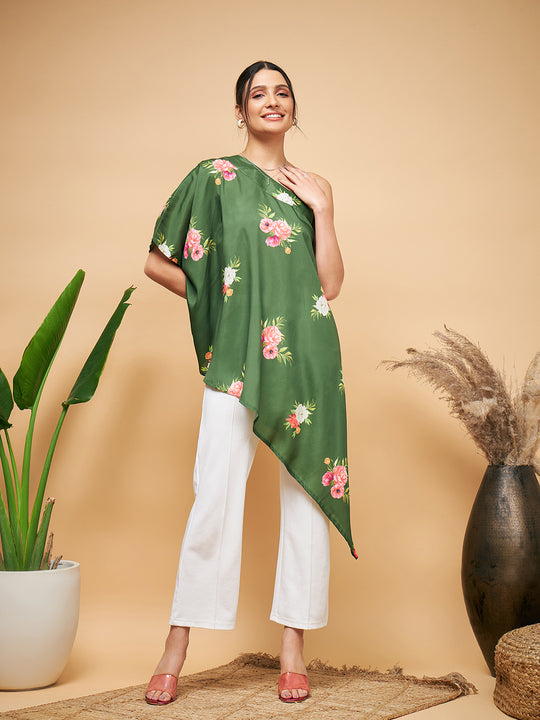 Green Small Flower One Shoulder Kurta