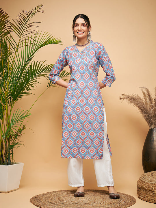 BLUE PINK OGEE PRINT ANGRAKHA STYLE STRAIGHT KURTA
