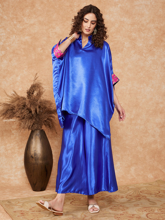Blue Pink Brocade Satin Boho Kurta Palazzo Set