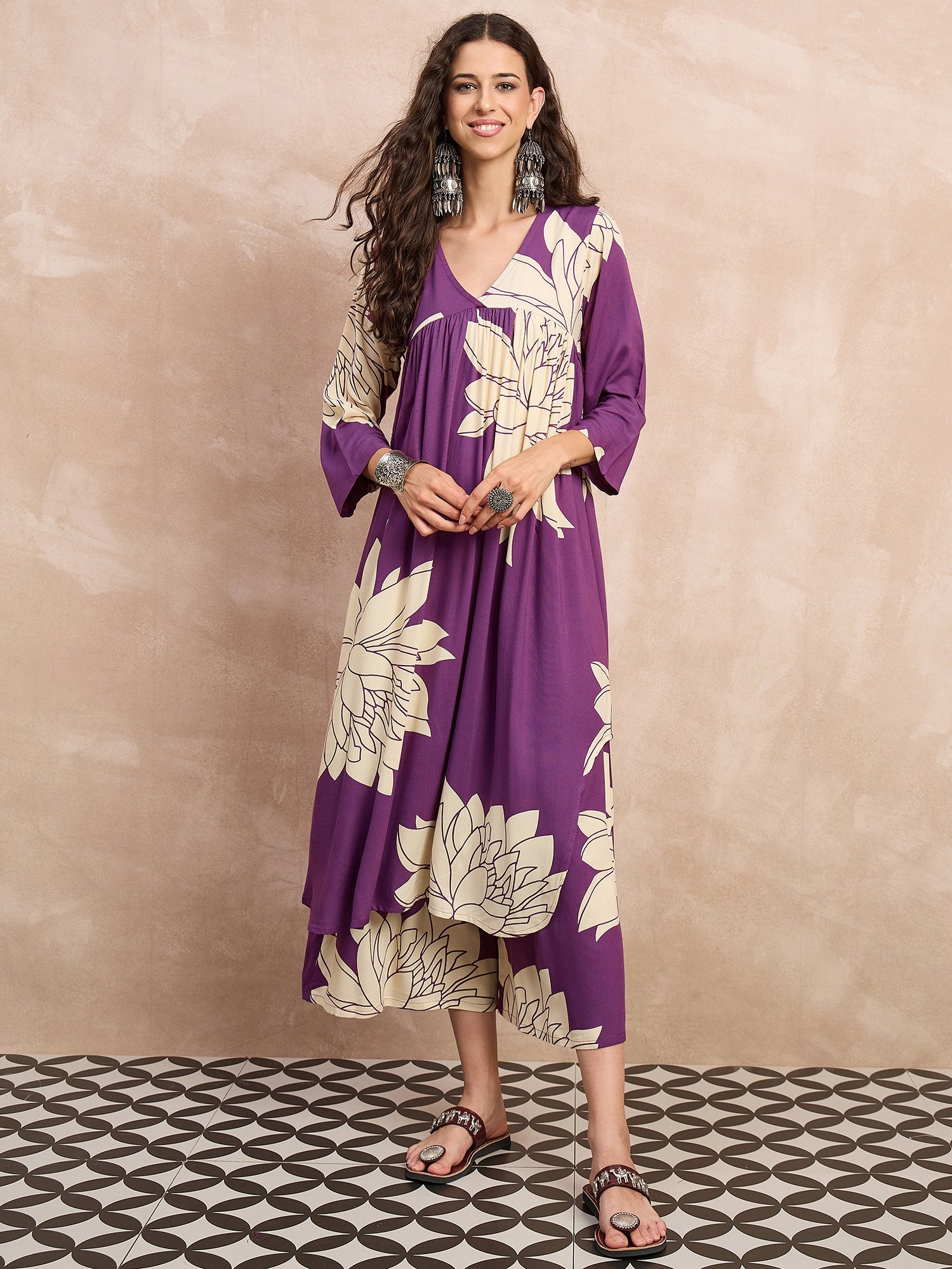 Mauve Big Lotus Print Flared Kurta Set
