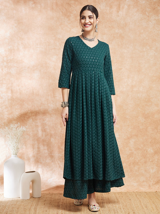 Forest Green Chikankari Long Anarkali Kurta Sharara Set
