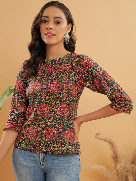 Green Red Mughal Kalamkari Top