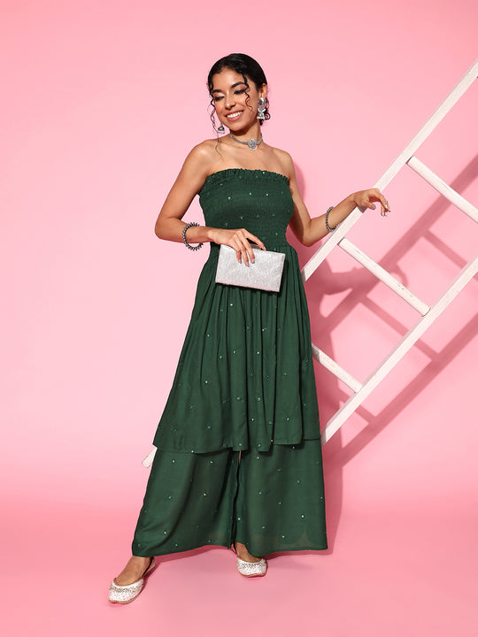 Green Mirror Work Off Shoulder Kurta Set