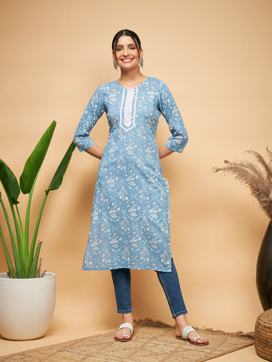 POWDER BLUE WHITE PRINT LACE STRAIGHT KURTA
