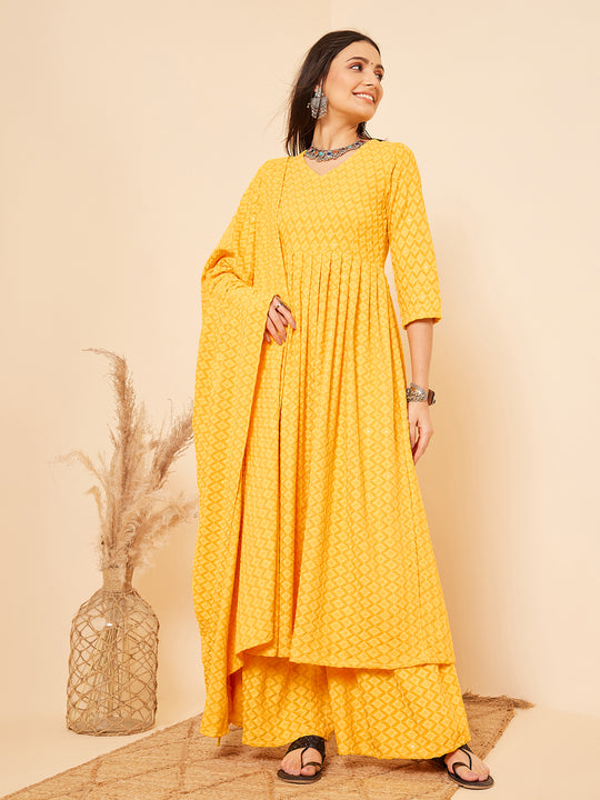 Butter Yellow Chikankari Long Anarkali Kurta Sharara Set W Dupatta