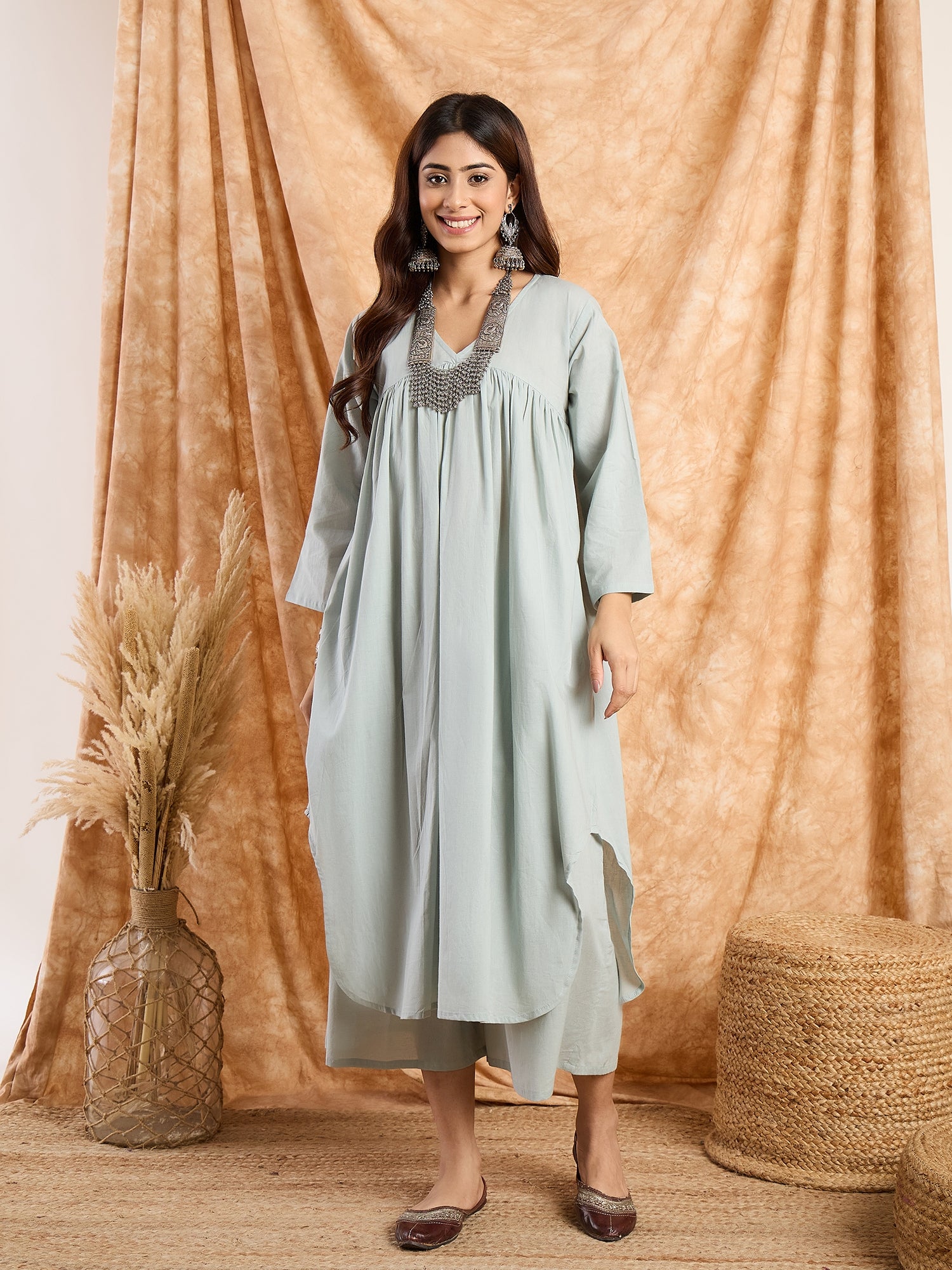 Steel Blue Flared Kurta Set