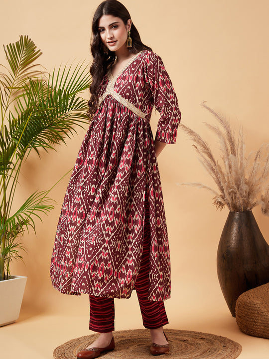 Wine Ikkat Print Alia Cut Gota Work Kurta Set