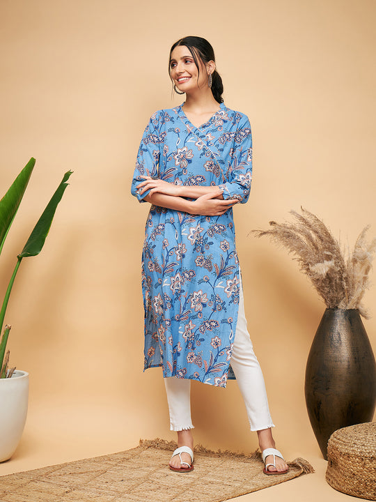 SKYBLUE PINK FLORAL ANGRAKHA STRAIGHT KURTA
