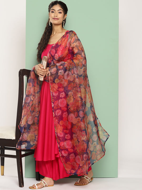 Fuchsia Sleeveless Kurta Set W Navy Floral Or Dupatta