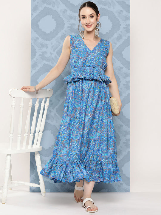 Sapphire Blue Floral Paisley Print Long Frill Dress