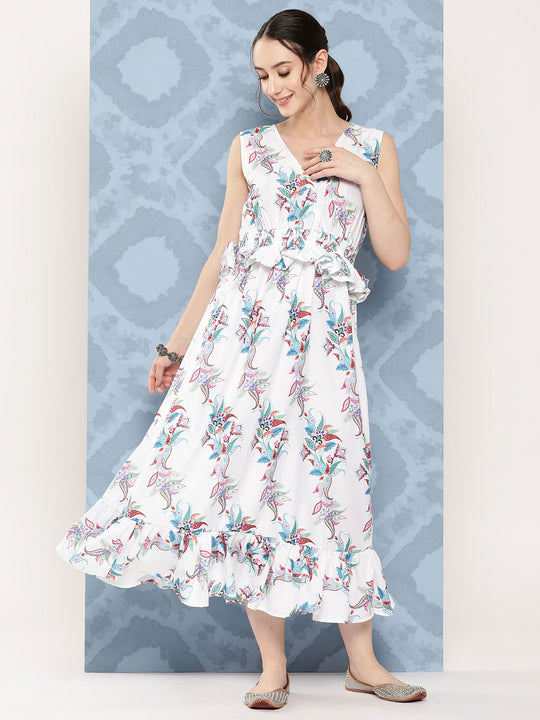 White Floral Paisley Print Long Frill Dress