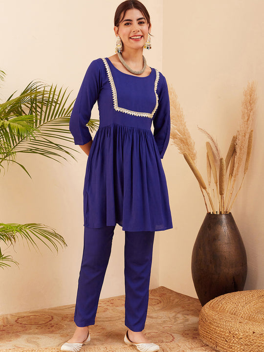 Blue Round Neck Square Gota Work Kurta Pant Set