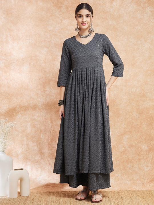 Grey Chikankari Long Anarkali Kurta Sharara Set