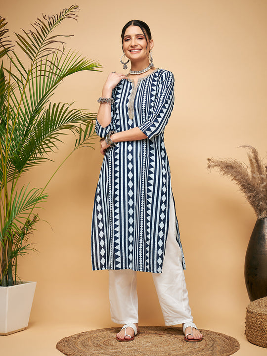 WHITE NAVY STRIPE PRINT GOTA STRAIGHT KURTA
