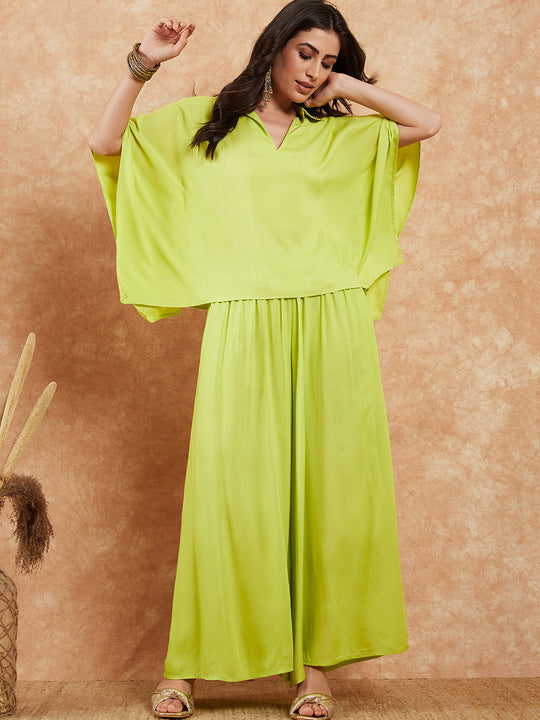 Lime Green Solid Collar Neck Boho Top Bottom Set