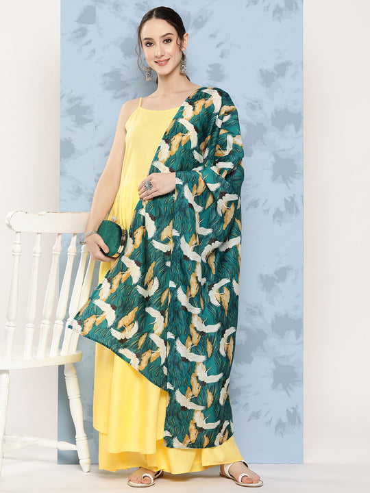 Light Yellow Strappy With Teal White Bird Duaptta
