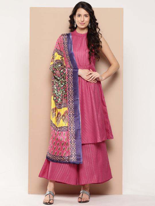 Fuchsia Lurex Boho Kurta Set W Purple & Abstrac Dupatta