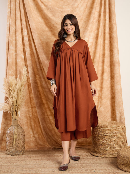 Rust V Neck Flared Kurta Set