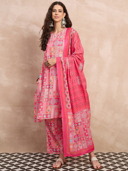 Red All Over Print Kurta Set With Dupatta