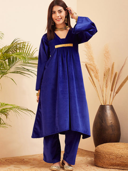 Royal Blue V Neck Asymmetrical Pleated Velvet Kurta Set