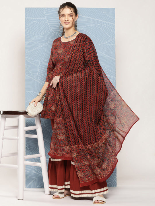 Brick Rust Ajrakh Sharara Set With Dupatta