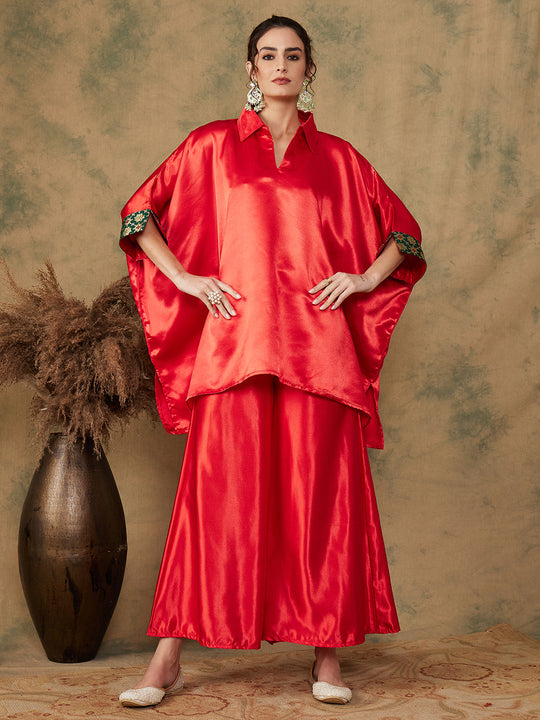 Red Green Brocade Satin Boho Kurta Palazzo Set