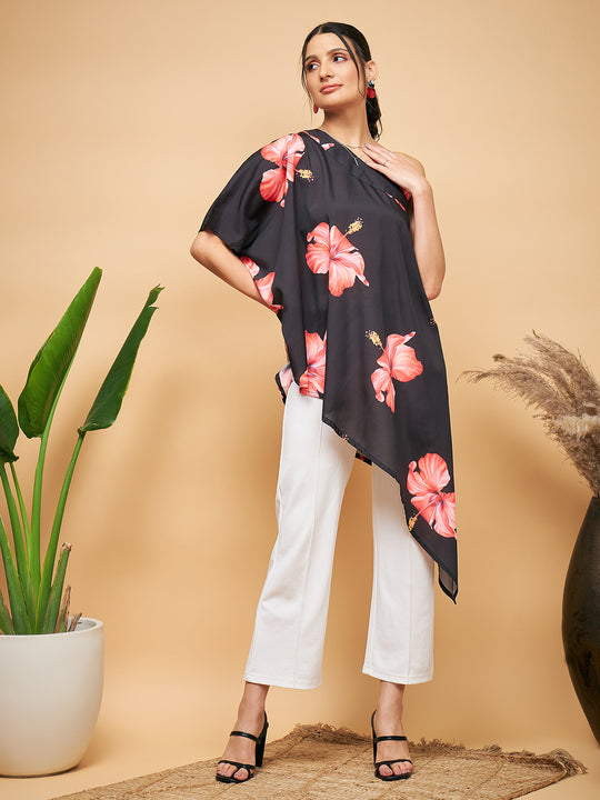 Black Red Big Flower One Shoulder Kurta