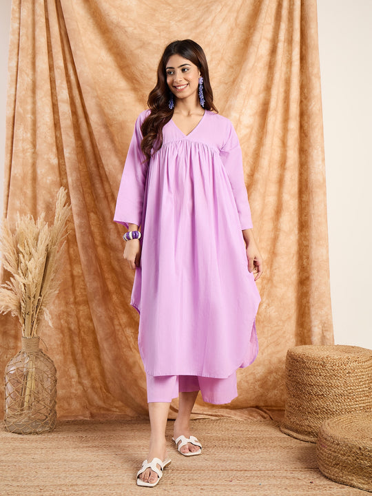 Lavender Pastel V Neck Flared Kurta Set