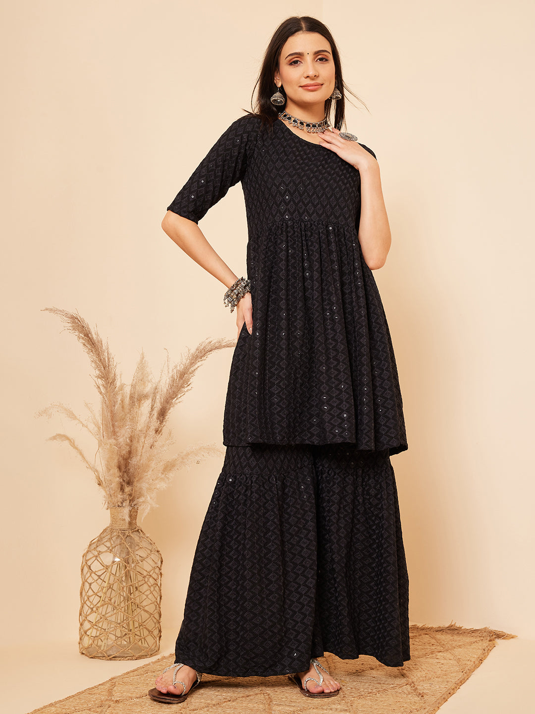 Black Chikankari Kurta Sharara Set - InWeave Black Chikankari Kurta Sharara Set - InWeave