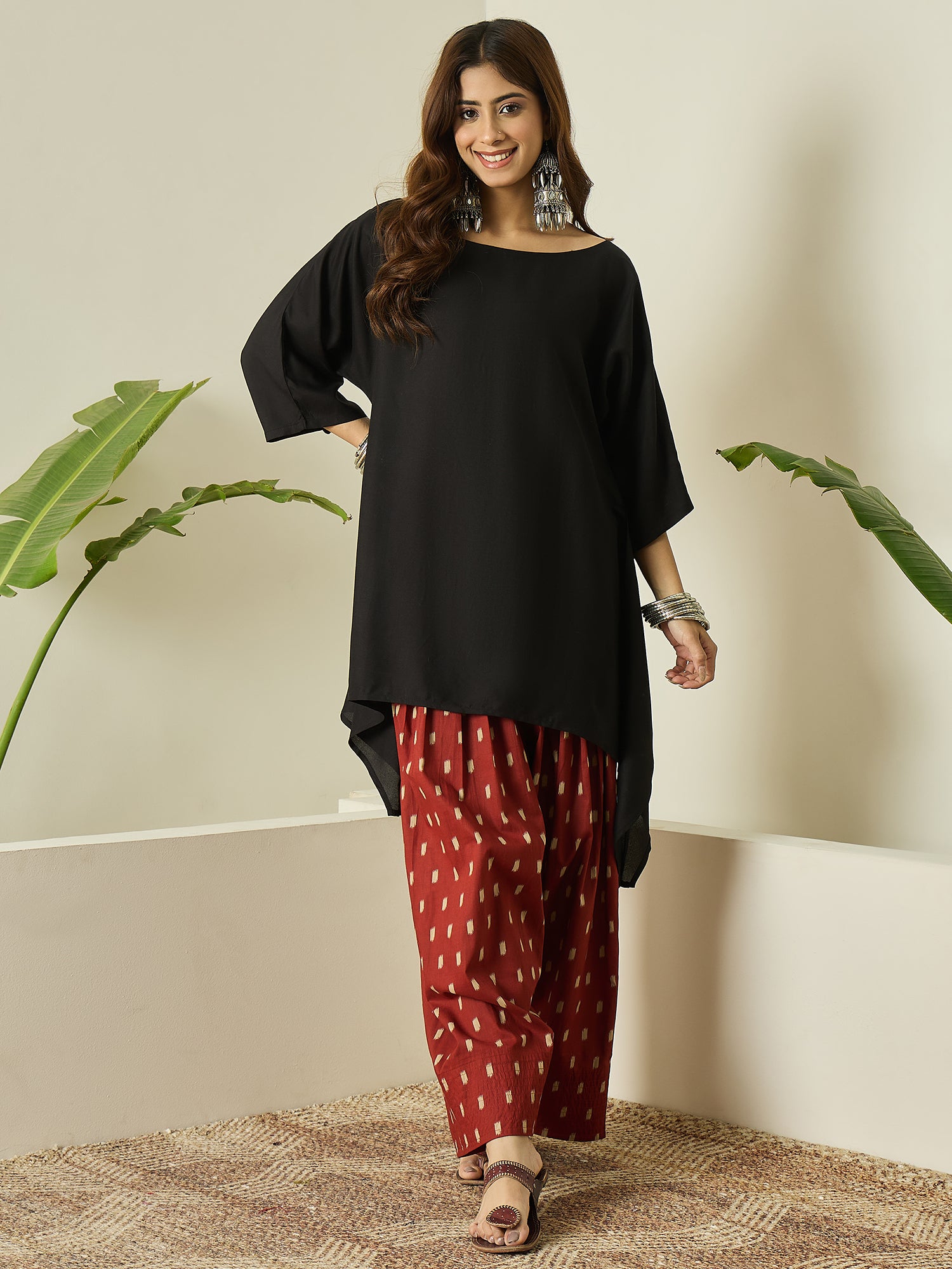 Black Boat Neck Rust Ikkat Salwar Set
