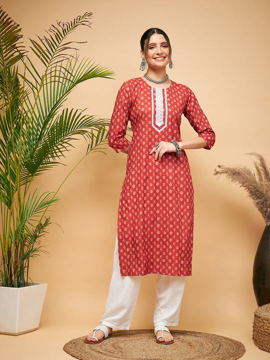 RUST SMALL FLORAL PRINT LACE STRAIGHT KURTA