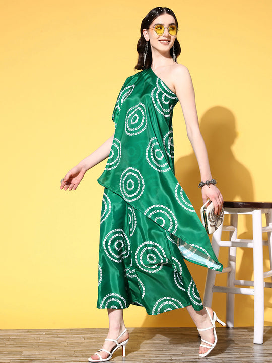 Green Bandhani Motif One Shoulder Palazzo Set