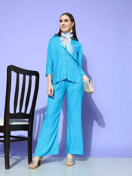 Aqua Blue Coord Set With White Butterfly Scarf