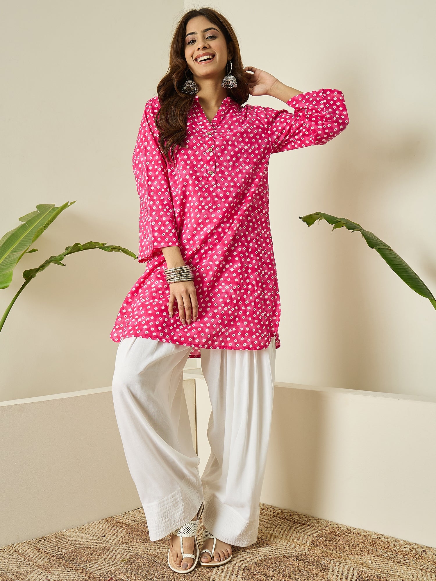 Pink White Dot Kurta White Salwar Set