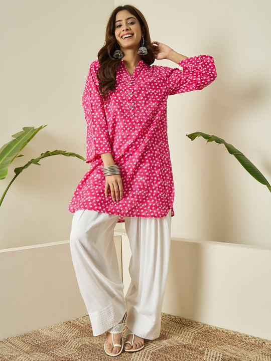 Pink White Dot Kurta White Salwar Set