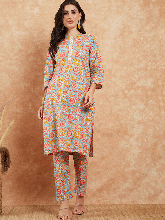 Light Blue Floral Jaal Gota Work Straight Kurta Pant Set