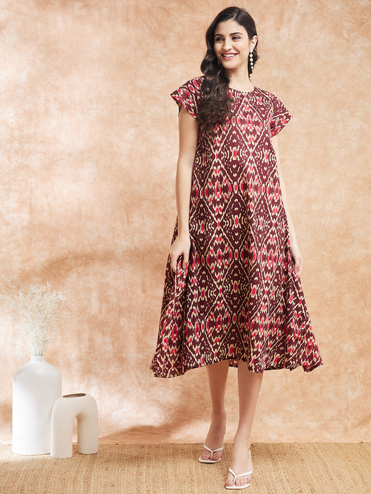 Wine Ikkat Print A Line Dress