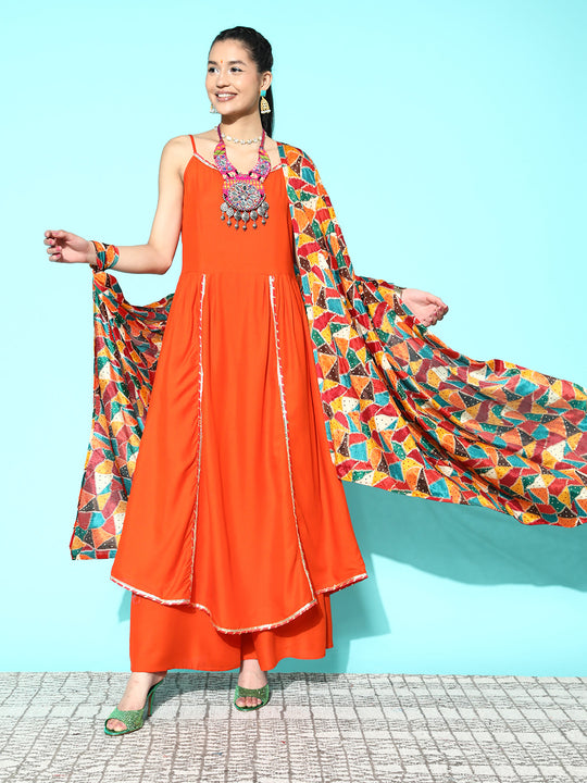 Orange Red Gota Strappy Set With Multi Foil Muslin Dupatta