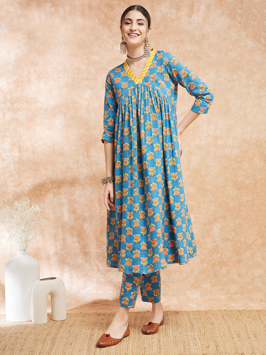 Blue Orange Floral Kurta Set