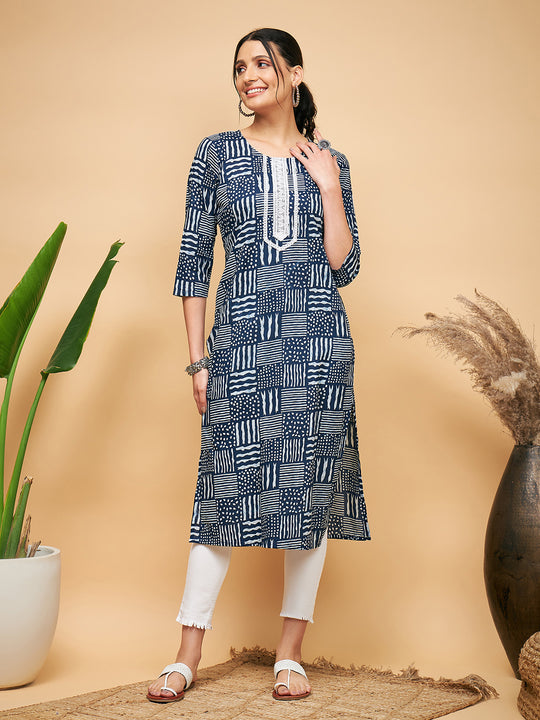 ANKOLA INDIGO WITH TILES HAND BLOCK PRINT LACE STRAIGHT KURTA