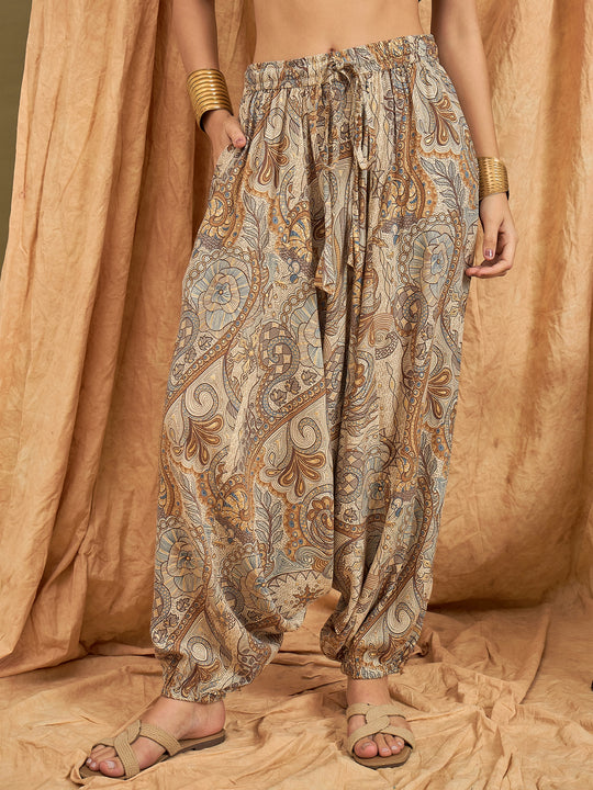 Beige Paisley Flower Harem Pant
