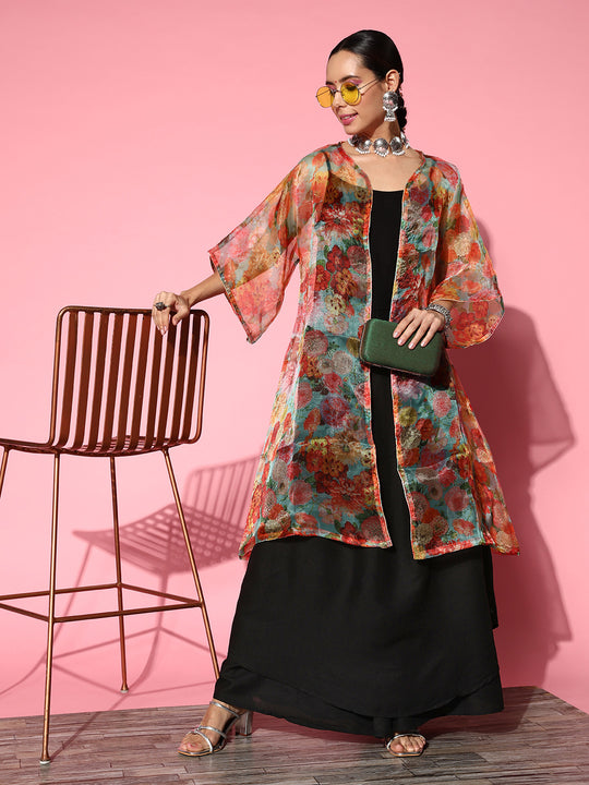 Black Strappy Set With Green Floral Organza Cape