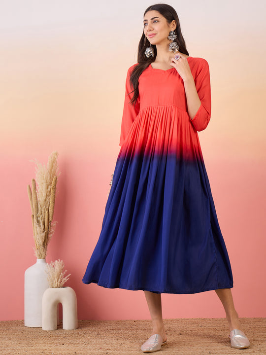 Navy Red Dyed Sweet Heartneck Long Anarkali Kurta